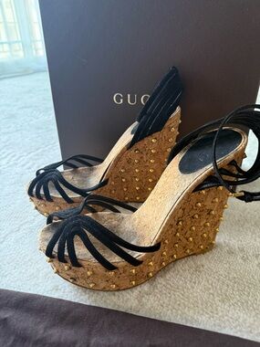 Gucci Black Suede Cork Wedge Sandals with Gold Stud Accents